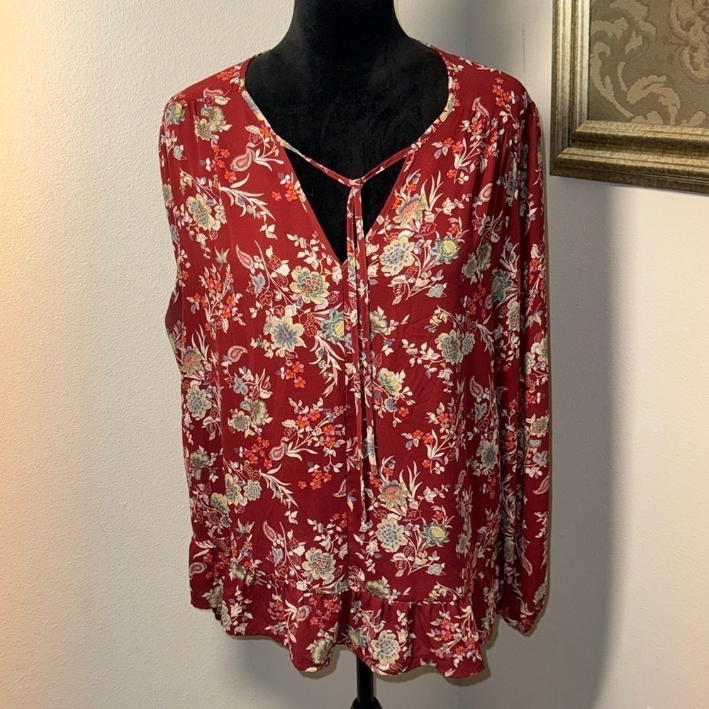 LOFT floral print ruffle hem split neck ties long sleeves top blouse Sz XL